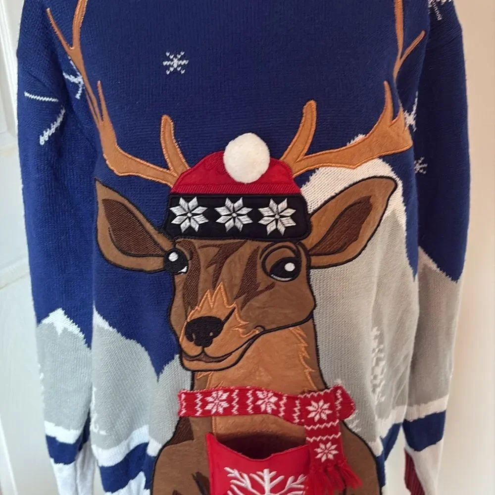 Oversized Ugly Christmas Sweater Reindeer Graphic XL Cozy Holiday Knit